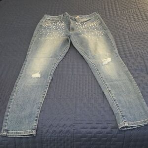 EUC SEVEN7 DESTRUCTED PEARLIZED SKINNY JEAN-SIZE 10